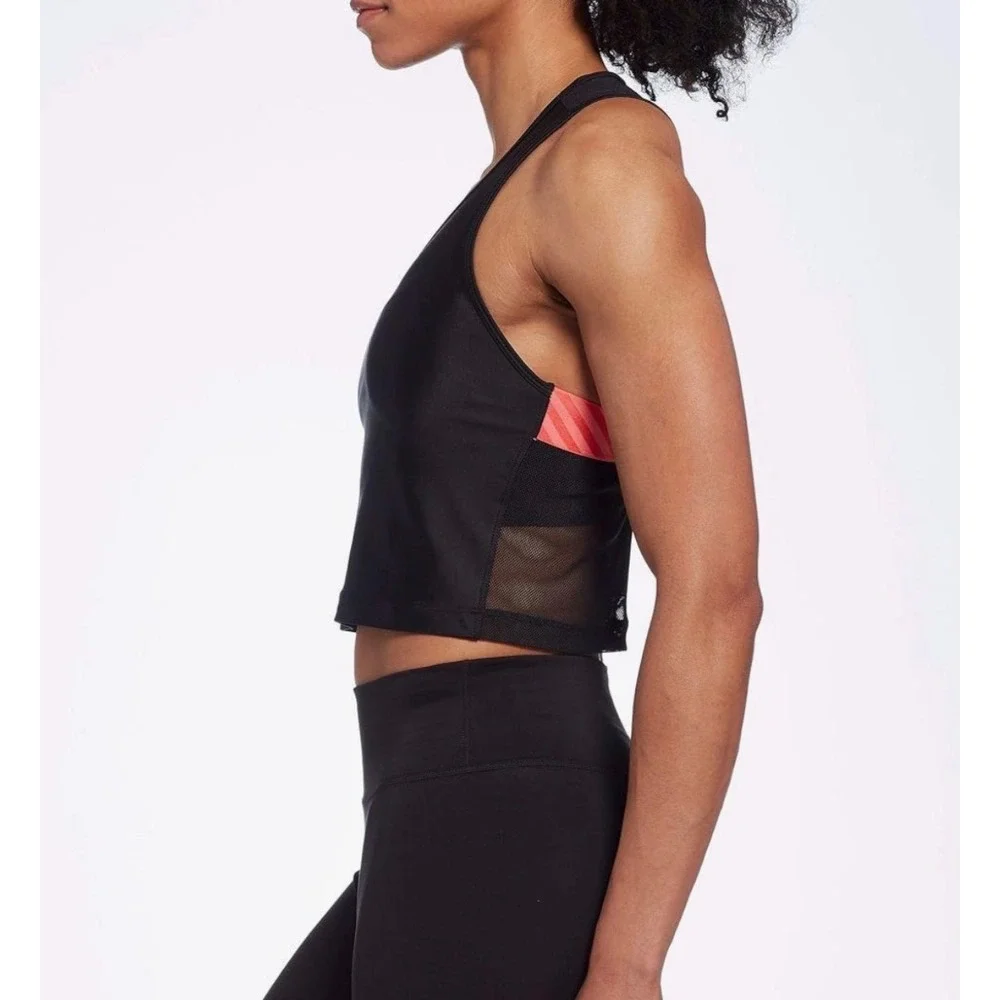 Nike Womens Black Mesh‎ Racerback Cropped Training Tank Top Coral Stripe Accent